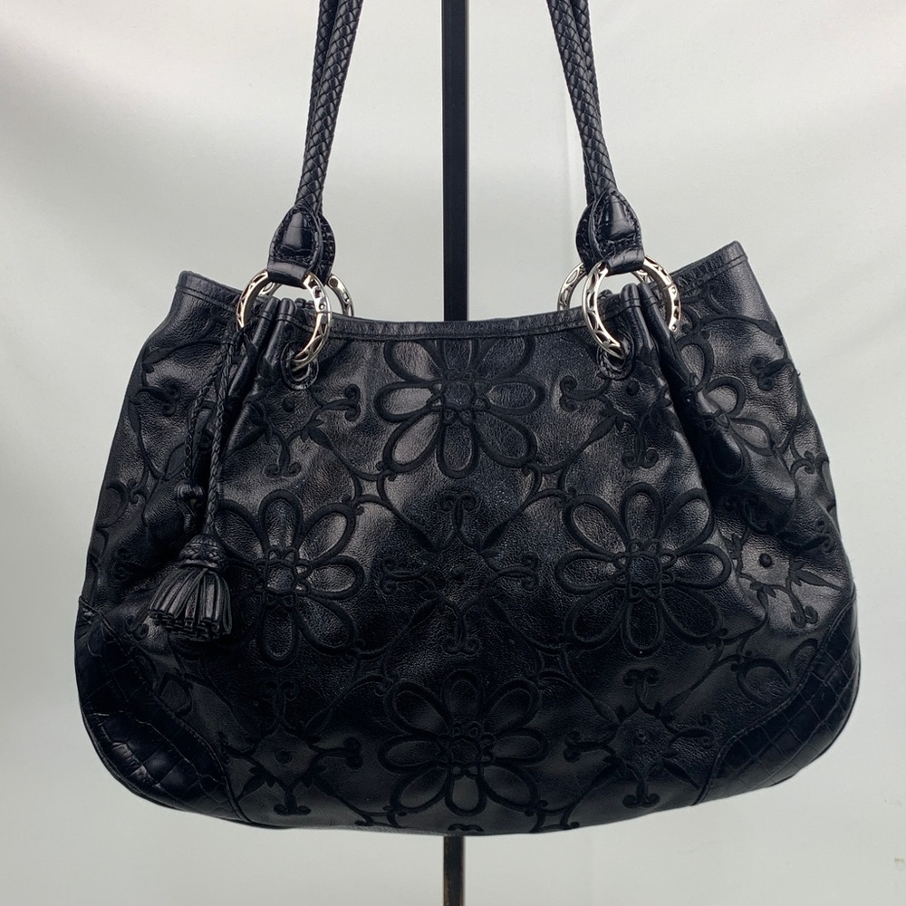 Brighton Black leather Floral Embossed shoulder Bag Tassel Snap close Braided